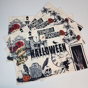 Halloween Theme Place Mats 4 Pack Roses Crows Skulls Spooky Zombie Party 18x12"